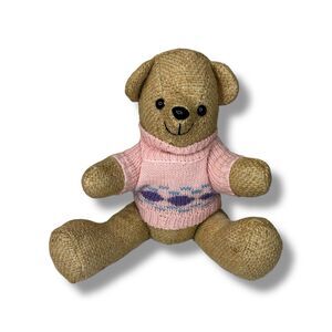 Vintage Burlap Teddy Bear Plush Jointed Buttons Pink Sweater Poseable 12" Estate